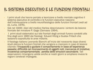 IL SISTEMA ESECUTIVO E LE FUNZIONI FRONTALI
• I primi studi che hanno portato a teorizzare a livello mentale cognitivo il
sistema esecutivo di controllo e le funzioni esecutive nascono
dall’indivisuazione a livello neurofisiologico delle funzioni frontali (vedi ad
es. Luria, 1976).
• Già nel 1848 i diari del medico Harlow descrivevano i sintomi da lesione
frontale del minatore P. Gage (Damasio 1994).
• I primi studi sistematici sui lobi frontali degli animali furono condotti alla
fine degli anni 1860 dai fisiologi Eduard Hitzig e Gustav Fritsch che
isolarono soprattutto le aree motorie.
• Il fisiologo italiano Leonardo Bianchi all’inizio del novecento dopo diversi
studi elenca le funzioni frontali che vengono a mancare in caso di lesione
citando: l’incapacità a guidare il comportamento in base all’esperienza
passata; difficoltà nel riconoscimento di oggetti noti; mancanza di iniziativa;
incoerenza comportamentale; perdita delle emozioni secondarie. Tali
osservazioni rimangono valide anche ai nostri giorni si ampliano invece le
regioni cerebrali impiegate.
 