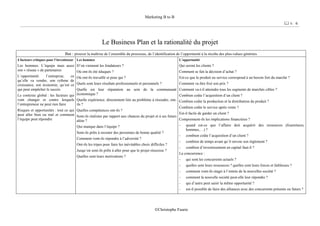 Marketing B to B
6 / 6
©Christophe Faurie
Le Business Plan et la rationalité du projet
But : prouver la maîtrise de l’ensemble du processus, de l’identification de l’opportunité à la récolte des plus-values générées
4 facteurs critiques pour l’investisseur
Les hommes. L’équipe mais aussi
son « réseau » de partenaires
L’opportunité. l’entreprise, ce
qu’elle va vendre, son rythme de
croissance, son économie, qu’est ce
qui peut empêcher le succès
Le contexte global : les facteurs qui
vont changer et contre lesquels
l’entrepreneur ne peut rien faire
Risques et opportunités : tout ce qui
peut aller bien ou mal et comment
l’équipe peut répondre
Les hommes
D’où viennent les fondateurs ?
Où ont-ils été éduqués ?
Où ont-ils travaillé et pour qui ?
Quels sont leurs résultats professionnels et personnels ?
Quelle est leur réputation au sein de la communauté
économique ?
Quelle expérience, directement liée au problème à résoudre, ont-
ils ?
Quelles compétences ont-ils ?
Sont-ils réalistes par rapport aux chances du projet et à ses futurs
aléas ?
Qui manque dans l’équipe ?
Sont-ils prêts à recruter des personnes de bonne qualité ?
Comment vont-ils répondre à l’adversité ?
Ont-ils les tripes pour faire les inévitables choix difficiles ?
Jusqu’où sont-ils prêts à aller pour que le projet réussisse ?
Quelles sont leurs motivations ?
L’opportunité
Qui seront les clients ?
Comment se fait la décision d’achat ?
Est-ce que le produit ou service correspond à un besoin fort du marché ?
Comment va être fixé son prix ?
Comment va-t-il atteindre tous les segments de marchés cibles ?
Combien coûte l’acquisition d’un client ?
Combien coûte la production et la distribution du produit ?
Combien coûte le service après vente ?
Est-il facile de garder un client ?
Comprennent-ils les implications financières ?
- quand est-ce que l’affaire doit acquérir des ressources (fournitures,
hommes,…) ?
- combien coûte l’acquisition d’un client ?
- combien de temps avant qu’il envoie son règlement ?
- combien d’investissement en capital faut-il ?
La concurrence :
- qui sont les concurrents actuels ?
- quelles sont leurs ressources ? quelles sont leurs forces et faiblesses ?
- comment vont-ils réagir à l’entrée de la nouvelles société ?
- comment la nouvelle société peut-elle leur répondre ?
- qui d’autre peut saisir la même opportunité ?
- est-il possible de faire des alliances avec des concurrents présents ou futurs ?
 