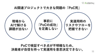 11
現場から
AIで解ける
課題が出ない
実運⽤時の
リスクやフローを
把握できない
事前に
「PoCの成功」
を定義しない
AI関連プロジェクトで⼤きな問題の「PoC死」
PoCで検証すべき点が不明確なため、
決裁者が⾃信を持って実運⽤を意思決定できない。
 