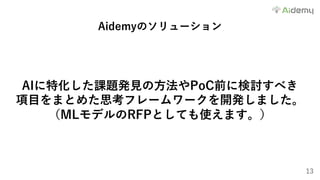 13
Aidemyのソリューション
AIに特化した課題発⾒の⽅法やPoC前に検討すべき
項⽬をまとめた思考フレームワークを開発しました。
（MLモデルのRFPとしても使えます。）
 