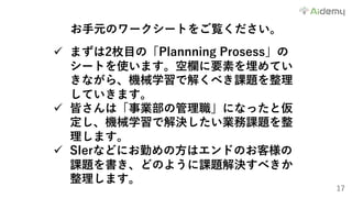 17
お⼿元のワークシートをご覧ください。
ü まずは2枚⽬の「Plannning Prosess」の
シートを使います。空欄に要素を埋めてい
きながら、機械学習で解くべき課題を整理
していきます。
ü 皆さんは「事業部の管理職」になったと仮
定し、機械学習で解決したい業務課題を整
理します。
ü SIerなどにお勤めの⽅はエンドのお客様の
課題を書き、どのように課題解決すべきか
整理します。
 