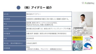 （株）アイデミー 紹介
会社名 株式会社アイデミー
経営理念 先端技術と産業領域の融合に取り組む⼈と組織を⽀援する。
株主
経営陣, 東京⼤学エッジキャピタル(UTEC),
Skyland Ventures, 他個⼈投資家12名
所在地 東京都⽂京区本郷7-3-1 東京⼤学アントレプレナープラザ3階
技術監修 加藤 真平 准教授（東京⼤学⼤学院情報理⼯学系研究科）
設⽴ 2014年6⽉
資本⾦ （資本準備⾦含む） 110,621,000円
従業員数
45名
（2019/1/31現在、アルバイト・業務委託を含む）
《代表取締役略歴》
⽯川 聡彦（いしかわ あきひこ）。イニシャ
ルがAI。元歌舞伎⼦役。株式会社アイデミー
代表取締役CEO。ソフトバンクアカデミア
5.5期⽣。東京⼤学⼯学部卒。著書『⼈⼯知
能プログラミングのための数学がわかる本』
（KADOKAWA/2018）など。
 