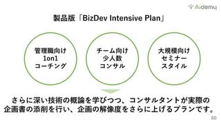 60
製品版「BizDev Intensive Plan」
さらに深い技術の概論を学びつつ、コンサルタントが実際の
企画書の添削を⾏い、企画の解像度をさらに上げるプランです。
管理職向け
1on1
コーチング
チーム向け
少⼈数
コンサル
⼤規模向け
セミナー
スタイル
 