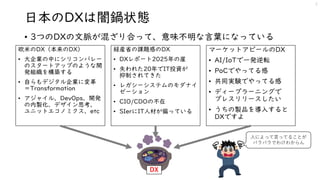 日本のDXは闇鍋状態
• 3つのDXの文脈が混ざり合って、意味不明な言葉になっている
7
欧米のDX（本来のDX）
• 大企業の中にシリコンバレー
のスタートアップのような開
発組織を構築する
• 自らもデジタル企業に変革
＝Transformation
• アジャイル、DevOps、開発
の内製化、デザイン思考、
ユニットエコノミクス、etc
経産省の課題感のDX
• DXレポート2025年の崖
• 失われた20年でIT投資が
抑制されてきた
• レガシーシステムのモダナイ
ゼーション
• CIO/CDOの不在
• SIerにIT人材が偏っている
マーケットアピールのDX
• AI/IoTで一発逆転
• PoCでやってる感
• 共同実験でやってる感
• ディープラーニングで
プレスリリースしたい
• うちの製品を導入すると
DXですよ
DX
人によって言ってることが
バラバラでわけわからん
 