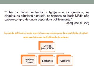 3. Multiplicidade de poderes

À unidade política do mundo imperial romano sucedeu uma Europa dividida e instável
onde coexistia uma multiplicidade de poderes:

 