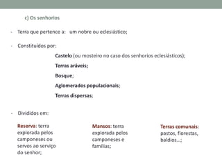 c) Os senhorios
- Terra que pertence a: um nobre ou eclesiástico;
- Constituídos por:

Castelo (ou mosteiro no caso dos senhorios eclesiásticos);
Terras aráveis;
Bosque;
Aglomerados populacionais;

Terras dispersas;
- Divididos em:
Reserva: terra
explorada pelos
camponeses ou
servos ao serviço
do senhor;

Mansos: terra
explorada pelos
camponeses e
famílias;

Terras comunais:
pastos, florestas,
baldios…;

 