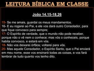 João 14.15-18,26
15- Se me amais, guardai os meus mandamentos.
16- E eu rogarei ao Pai, e ele vos dará outro Consolador, para
que fique convosco para sempre;
17- O Espírito de verdade, que o mundo não pode receber,
porque não o vê nem o conhece; mas vós o conheceis, porque
habita convosco, e estará em vós.
18- Não vos deixarei órfãos; voltarei para vós.
26- Mas aquele Consolador, o Espírito Santo, que o Pai enviará
em meu nome, esse vos ensinará todas as coisas, e vos fará
lembrar de tudo quanto vos tenho dito.
 