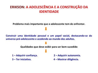 ERIKSON: A ADOLESCÊNCIA E A CONSTRUÇÃO DA 
IDENTIDADE 
Problema mais importante que o adolescente tem de enfrentar. 
Construir uma identidade pessoal e um papel social, destacando-se do 
universo pré-adolescente e acedendo ao mundo dos adultos. 
Qualidades que deve exibir para ser bem sucedido 
1 – Adquirir confiança. 2 – Adquirir autonomia. 
3 – Ter iniciativa. 4 – Mostrar diligência. 
 