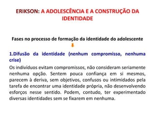 ERIKSON: A ADOLESCÊNCIA E A CONSTRUÇÃO DA 
IDENTIDADE 
Fases no processo de formação da identidade do adolescente 
1.Difusão da identidade (nenhum compromisso, nenhuma 
crise) 
Os indivíduos evitam compromissos, não consideram seriamente 
nenhuma opção. Sentem pouca confiança em si mesmos, 
parecem à deriva, sem objetivos, confusos ou intimidados pela 
tarefa de encontrar uma identidade própria, não desenvolvendo 
esforços nesse sentido. Podem, contudo, ter experimentado 
diversas identidades sem se fixarem em nenhuma. 
 