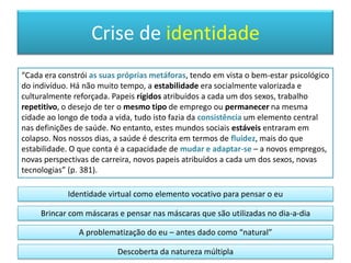 Facetas do euAceitação e rejeição de analogias com “a máquina”.Humano e maquínico: diferentes, iguais, complementares?Imaginário cyborg, tecno-corpos.Novas formas de organizar a produção e acesso ao conhecimento.