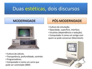 Duas estéticas, dois discursosMODERNIDADEPÓS-MODERNIDADE Cultura da simulação.