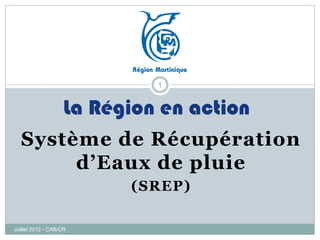 1


                    La Région en action
  Système de Récupération
       d’Eaux de pluie
                          (SREP)

Juillet 2012 - CAB/CR
 
