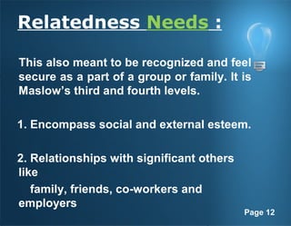 Page 12
Relatedness Needs :
This also meant to be recognized and feel
secure as a part of a group or family. It is
Maslow’s third and fourth levels.
1. Encompass social and external esteem.
2. Relationships with significant others
like
family, friends, co-workers and
employers
 