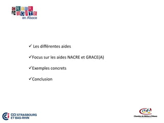  Les différentes aides
Focus sur les aides NACRE et GRACE(A)
Exemples concrets
Conclusion