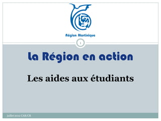 1



                La Région en action
               Les aides aux étudiants


juillet 2012 CAB/CR
 