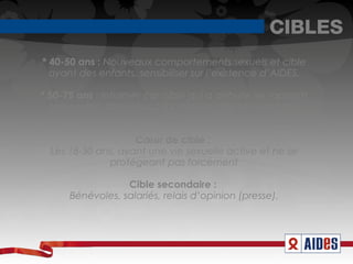 CIBLES
* 40-50 ans : Nouveaux comportements sexuels et cible
  ayant des enfants, sensibiliser sur l’existence d’AIDES.

* 50-75 ans : Informer car cible qui a débuté les rapports
   sexuels loin des préoccupations du VIH et ayant des
                         enfants.

                    Cœur de cible :
  Les 18-30 ans, ayant une vie sexuelle active et ne se
              protégeant pas forcément

                  Cible secondaire :
      Bénévoles, salariés, relais d’opinion (presse).
 