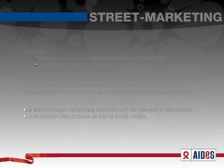 STREET-MARKETING

Journée :
    
      Discours d'un haut représentant local de AIDES
    
      Musique tout au long de la journée

Soirée de clôture à Paris : jusqu'à 2h du matin telle une boîte de
nuit en plein air pour rassembler, rencontrer et unir les gens
autour d'une même cause qu'est la lutte conte le virus du sida.


 Le démontage s'effectue dans la nuit de samedi à dimanche

 L'installation des statues se fait le lundi matin.
 