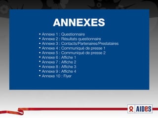 ANNEXES
Annexe 1 : Questionnaire
Annexe 2 : Résultats questionnaire
Annexe 3 : Contacts/Partenaires/Prestataires
Annexe 4 : Communiqué de presse 1
Annexe 5 : Communiqué de presse 2
Annexe 6 : Affiche 1
Annexe 7 : Affiche 2
Annexe 8 : Affiche 3
Annexe 9 : Affiche 4
Annexe 10 : Flyer
 