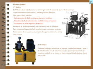 Bâches et groupes:
1°) Bâches:
La bâche (ou réservoir) a bien sûr pour fonction principale de contenir la réserve d'huile nécessaire
au fonctionnement de l'installation, à l'abri des polluants extérieurs.
Mais elle a d'autres fonctions:
- Refroidissement du fluide par échange direct avec l'extérieur.
- Décantation du fluide (séparation des insolubles solides et liquides).
- Désémulsion du fluide (séparation des fluides)...
La capacité de la bâche dépendra de tous ces facteurs et de sa respiration .
La respiration est la quantité d'huile entre les niveaux minimum et maximum.
Cette variation de niveau est causée, en particulier, par la rentrée/sortie des tiges des vérins présents
dans le circuit.
2°) Groupes:
On entend par groupe hydraulique un ensemble complet [motopompe + bâche +
éventuellement un bloc de préactionneurs]. Ces groupes peuvent être livrés
complets, standards ou sur mesure en fonction d'un schéma hydraulique fourni
par le client.
 