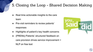 5. Closing the Loop - Shared Decision Making
● Real time actionable insights to the care
team
● Pre-visit reminders to review patients’
responses
● Highlights of patient’s key health concerns
● (PREMs) Patients’ structured feedback on
care provision drives service improvement +
NLP on free text
 