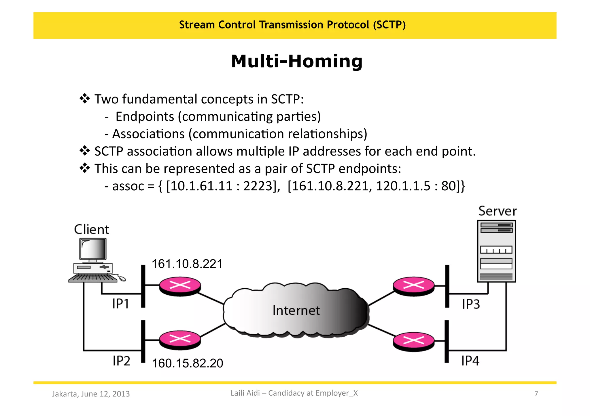 7	
  
Stream Control Transmission Protocol (SCTP)
Jakarta,	
  June	
  12,	
  2013	
  
Multi-Homing
 	
  Two	
  fundamental	
  concepts	
  in	
  SCTP:	
  
	
   -­‐	
  	
  Endpoints	
  (communicaKng	
  parKes)	
  	
  
	
   -­‐	
  AssociaKons	
  (communicaKon	
  relaKonships)	
  	
  
 	
  SCTP	
  associaKon	
  allows	
  mulKple	
  IP	
  addresses	
  for	
  each	
  end	
  point.	
  
 	
  This	
  can	
  be	
  represented	
  as	
  a	
  pair	
  of	
  SCTP	
  endpoints:	
  
-­‐	
  assoc	
  =	
  {	
  [10.1.61.11	
  :	
  2223],	
  	
  [161.10.8.221,	
  120.1.1.5	
  :	
  80]}	
  
160.15.82.20
161.10.8.221
Laili	
  Aidi	
  –	
  Candidacy	
  at	
  Employer_X	
  
 