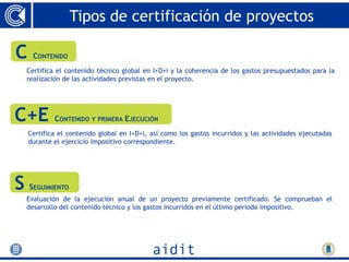 Tipos de certificación de proyectos

C     CONTENIDO
    Certifica el contenido técnico global en I+D+i y la coherencia de los gastos presupuestados para la
    realización de las actividades previstas en el proyecto.




C+E          CONTENIDO Y PRIMERA EJECUCIÓN
    Certifica el contenido global en I+D+i, así como los gastos incurridos y las actividades ejecutadas
    durante el ejercicio impositivo correspondiente.




S   SEGUIMIENTO
    Evaluación de la ejecución anual de un proyecto previamente certificado. Se comprueban el
    desarrollo del contenido técnico y los gastos incurridos en el último periodo impositivo.
 