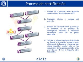 Proceso de certificación
           1.   Entrega de la documentación requerida
                según las bases de certificación AIDIT.


           2.   Evaluación   técnica    y   contable   del
                proyecto.


           3.   Emisión del certificado AIDIT, que incluye
                el   dictamen     si   el   proyecto    es
                investigación, desarrollo o innovación
                tecnológica, junto con los gastos
                deducibles.


           4.   Solicitar el informe motivado al Ministerio
                de Ciencia e Innovación, vinculante ante
                el Ministerio de Economía y Hacienda, que
                otorga seguridad jurídica total en las
                deducciones de los gastos asociados a los
                proyectos de I+D+i en el Impuesto sobre
                Sociedades.
 
