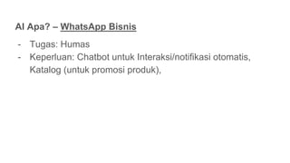 AI Apa? – WhatsApp Bisnis
- Tugas: Humas
- Keperluan: Chatbot untuk Interaksi/notifikasi otomatis,
Katalog (untuk promosi produk),
 