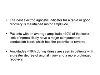 • The best electrodiagnostic indicator for a rapid or good
recovery is maintained motor amplitude.
• Patients with an average amplitude >10% of the lower
limit of normal likely have a major component of
conduction block which has the potential to reverse.
• Amplitudes <10% during illness are seen in patients with
a greater degree of axonal injury and a more prolonged
recovery.
 