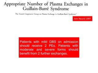 Patients with mild GBS on admission
should receive 2 PEs. Patients with
moderate and severe forms should
benefit from 2 further exchanges.
Ann Neurol 1997
 