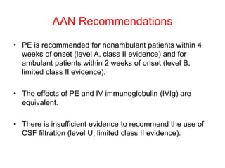 AAN Recommendations
• PE is recommended for nonambulant patients within 4
weeks of onset (level A, class II evidence) and for
ambulant patients within 2 weeks of onset (level B,
limited class II evidence).
• The effects of PE and IV immunoglobulin (IVIg) are
equivalent.
• There is insufficient evidence to recommend the use of
CSF filtration (level U, limited class II evidence).
 