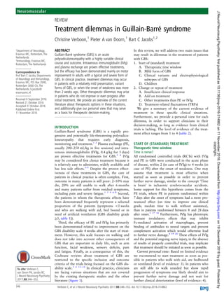 REVIEW
Treatment dilemmas in Guillain-Barré syndrome
Christine Verboon,1
Pieter A van Doorn,1
Bart C Jacobs1,2
ABSTRACT
Guillain-Barré syndrome (GBS) is an acute
polyradiculoneuropathy with a highly variable clinical
course and outcome. Intravenous immunoglobulin (IVIg)
and plasma exchange are proven effective treatments,
but the efﬁcacy has been demonstrated mainly on motor
improvement in adults with a typical and severe form of
GBS. In clinical practice, treatment dilemmas may occur
in patients with a relatively mild presentation, variant
forms of GBS, or when the onset of weakness was more
than 2 weeks ago. Other therapeutic dilemmas may arise
in patients who do not improve or even progress after
initial treatment. We provide an overview of the current
literature about therapeutic options in these situations,
and additionally give our personal view that may serve
as a basis for therapeutic decision-making.
INTRODUCTION
Guillain-Barré syndrome (GBS) is a rapidly pro-
gressive and potentially life-threatening polyradicu-
loneuropathy that requires early diagnosis,
monitoring and treatment.1 2
Plasma exchange (PE,
usually 200–250 mL/kg in ﬁve sessions) and intra-
venous immunoglobulin (IVIg, 0.4 g/kg for 5 days)
are proven effective treatments for GBS.3 4
IVIg
may be considered ﬁrst choice treatment because it
is relatively easy to administer, widely available and
has less side effects.3–5
Despite the proven effect-
iveness of these treatments in GBS, the care of
patients in clinical practice is often complex. First,
outcome in many patients is still poor: 2–10% may
die, 20% are still unable to walk after 6 months
and many patients suffer from residual symptoms,
including pain and severe fatigue.1 3 4 6–8
Second,
the patients in whom the therapeutic effects have
been demonstrated frequently represent a selected
proportion of the patients (symptoms <2 weeks
and who are walking with aid, bed bound or in
need of artiﬁcial ventilation (GBS disability grade
≥3, table 1)).
Third, the efﬁcacy of PE and IVIg has primarily
been demonstrated related to improvement on the
GBS disability scale 4 weeks after the start of treat-
ment. However, this scale focuses on walking and
does not take into account other consequences of
GBS that are important in daily life, such as arm
function, facial weakness, sensory deﬁcits, pain
and fatigue. Finally, as a consequence of this, the
Cochrane reviews about treatment of GBS are
restricted to the speciﬁc inclusion and outcome
criteria of the trials being focused on the GBS dis-
ability scale.3 4 11–14
In clinical practice, clinicians
are facing various situations that are not covered
by the existing therapeutic studies and the other
literature (ﬁgure 1).
In this review, we will address two main issues that
may result in dilemmas in the treatment of patients
with GBS:
1. Start of (standard) treatment
A. Therapeutic time window
B. Mild form of GBS
C. Clinical variants and electrophysiological
subtypes of GBS
D. Children
2. Change or repeat of treatment
A. Insufﬁcient clinical response
B. Add on treatment
C. Other treatments than PE or IVIg
D. Treatment-related ﬂuctuations (TRFs)
We give a summary of the current evidence of
treatment in these speciﬁc clinical situations.
Furthermore, we provide a personal view for each
dilemma, in order to support clinicians in their
decision-making, as long as evidence from clinical
trials is lacking. The level of evidence of the treat-
ment effect ranges from 1 to 4 (table 2).
START OF (STANDARD) TREATMENT
Therapeutic time window
Time is nerve?
All randomised controlled trials (RCTs) with IVIg
and PE in GBS were conducted in the acute phase
of disease, within 2 (in case of IVIg) to 4 weeks (in
case of PE) after the onset of weakness. One may
assume that treatment is most effective when
started as soon as possible in order to prevent
further nerve damage, similar to the concept ‘Time
is brain’ in ischaemic cerebrovascular accidents.
Some support for this hypothesis comes from the
PE trials, where PE in patients randomised within
7 days after the onset of symptoms had a more pro-
nounced effect (on time to improve one clinical
grade, median time to walk without assistance),
than in patients randomised between 8 and 28 days
after onset.3 17 18
Furthermore, IVIg has pleiotropic
immune modulatory effects that may inhibit
Fc-mediated activation of macrophages, prevent
binding of antibodies to neural targets and prevent
complement activation which would otherwise lead
to further nerve damage.4 19 20
These effects of IVIg
and the potential ongoing nerve injury, in the absence
of results of properly controlled trials, may implicate
that treatment should be initiated as soon as possible.
Current personal view: Based on limited evidence
we recommend to start treatment as soon as pos-
sible in patients who walk with aid, are bedbound
or ventilated (level of evidence: 3). In patients who
are still able to walk unaided but show rapid
progression of symptoms one likely should aim to
prevent further nerve damage and not wait for
further clinical deterioration (level of evidence: 4).
Neuromuscular
To cite: Verboon C,
van Doorn PA, Jacobs BC.
J Neurol Neurosurg Psychiatry
2017;88:346–352.
1
Department of Neurology,
Erasmus MC, Rotterdam,The
Netherlands
2
Immunology, Erasmus MC,
Rotterdam,The Netherlands
Correspondence to
Prof Bart C Jacobs, Departments
of Neurology and Immunology,
Erasmus MC, P.O. Box 2040,
Rotterdam 3000 CA,The
Netherlands; ​b.​jacobs@​
erasmusmc.​nl
Received 6 September 2016
Revised 21 October 2016
Accepted 27 October 2016
Published Online First
11 November 2016
346 Verboon C, et al. J Neurol Neurosurg Psychiatry 2017;88:346–352. doi:10.1136/jnnp-2016-314862
copyright.
on19December2018byguest.Protectedbyhttp://jnnp.bmj.com/JNeurolNeurosurgPsychiatry:firstpublishedas10.1136/jnnp-2016-314862on11November2016.Downloadedfrom
 