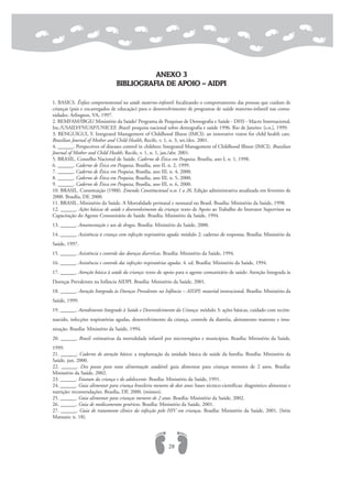 ANEXO 3
BIBLIOGRAFIA DE APOIO – AIDPI
1. BASICS. Ênfase comportamental na saúde materno-infantil: focalizando o comportamento das pessoas que cuidam de
crianças (pais e encarregados de educação) para o desenvolvimento de programas de saúde materno-infantil nas comu-
nidades. Arlington, VA, 1997.
2. BEMFAM/IBGE/ Ministério da Saúde/ Programa de Pesquisas de Demografia e Saúde - DHS - Macro Internacional,
Inc./USAID/FNUAP/UNICEF. Brasil: pesquisa nacional sobre demografia e saúde 1996. Rio de Janeiro: [s.n.], 1999.
3. BENGUIGUI, Y. Integrated Management of Childhood Illness (IMCI): an innovative vision for child health care.
Brazilian Journal of Mother and Child Health, Recife, v. 1, n. 3, set./dez. 2001.
4. ______. Perspectives of diseases control in children: Integrated Management of Childhood Illness (IMCI). Brazilian
Journal of Mother and Child Health, Recife, v. 1, n. 1, jan./abr. 2001.
5. BRASIL. Conselho Nacional de Saúde. Caderno de Ética em Pesquisa, Brasília, ano I, n. 1, 1998.
6. ______. Caderno de Ética em Pesquisa, Brasília, ano II, n. 2, 1999.
7. ______. Caderno de Ética em Pesquisa, Brasília, ano III, n. 4, 2000.
8. ______. Caderno de Ética em Pesquisa, Brasília, ano III, n. 5, 2000.
9. ______. Caderno de Ética em Pesquisa, Brasília, ano III, n. 6, 2000.
10. BRASIL. Constituição (1988). Emenda Constitucional n.os 1 a 26. Edição administrativa atualizada em fevereiro de
2000. Brasília, DF, 2000.
11. BRASIL. Ministério da Saúde. A Mortalidade perinatal e neonatal no Brasil. Brasília: Ministério da Saúde, 1998.
12. ______. Ações básicas de saúde e desenvolvimento da criança: texto de Apoio ao Trabalho do Instrutor Supervisor na
Capacitação do Agente Comunitário de Saúde. Brasília: Ministério da Saúde, 1994.
13. ______. Amamentação e uso de drogas. Brasília: Ministério da Saúde, 2000.
14. ______. Assistência à criança com infecção respiratória aguda: módulo 2: caderno de respostas. Brasília: Ministério da
Saúde, 1997.
15. ______. Assistência e controle das doenças diarréicas. Brasília: Ministério da Saúde, 1994.
16. ______. Assistência e controle das infecções respiratórias agudas. 4. ed. Brasília: Ministério da Saúde, 1994.
17. ______. Atenção básica à saúde da criança: texto de apoio para o agente comunitário de saúde: Atenção Integrada às
Doenças Prevalentes na Infância AIDPI. Brasília: Ministério da Saúde, 2001.
18. ______. Atenção Integrada às Doenças Prevalentes na Infância – AIDPI: material instrucional. Brasília: Ministério da
Saúde, 1999.
19. ______. Atendimento Integrado à Saúde e Desenvolvimento da Criança: módulo 3: ações básicas, cuidado com recém-
nascido, infecções respiratórias agudas, desenvolvimento da criança, controle da diarréia, aleitamento materno e imu-
nização. Brasília: Ministério da Saúde, 1994.
20. ______. Brasil: estimativas da mortalidade infantil por microrregiões e municípios. Brasília: Ministério da Saúde,
1999.
21. ______. Caderno de atenção básica: a implantação da unidade básica de saúde da família. Brasília: Ministério da
Saúde, jun. 2000.
22. ______. Dez passos para uma alimentação saudável: guia alimentar para crianças menores de 2 anos. Brasília:
Ministério da Saúde, 2002.
23. ______. Estatuto da criança e do adolescente. Brasília: Ministério da Saúde, 1991.
24. ______. Guia alimentar para criança brasileira menores de dois anos: bases técnico-científicas: diagnóstico alimentar e
nutrição: recomendações. Brasília, DF, 2000. (mimeo).
25. ______. Guia alimentar para crianças menores de 2 anos. Brasília: Ministério da Saúde, 2002.
26. ______. Guia de medicamentos genéricos. Brasília: Ministério da Saúde, 2001.
27. ______. Guia de tratamento clínico da infecção pelo HIV em crianças. Brasília: Ministério da Saúde, 2001. (Série
Manuais; n. 18).
28
 