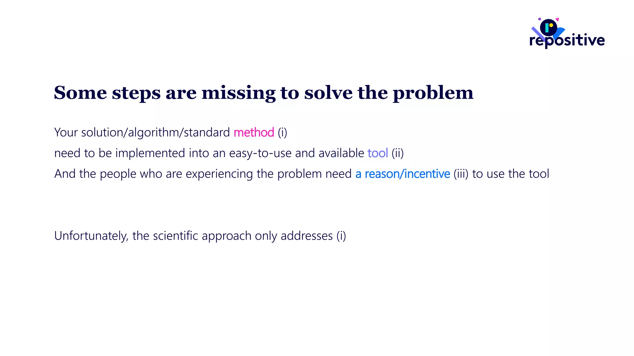 Some steps are missing to solve the problem
Your solution/algorithm/standard method (i)
need to be implemented into an easy-to-use and available tool (ii)
And the people who are experiencing the problem need a reason/incentive (iii) to use the tool
Unfortunately, the scientific approach only addresses (i)
 