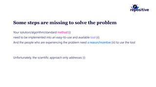 Some steps are missing to solve the problem
Your solution/algorithm/standard method (i)
need to be implemented into an easy-to-use and available tool (ii)
And the people who are experiencing the problem need a reason/incentive (iii) to use the tool
Unfortunately, the scientific approach only addresses (i)
 