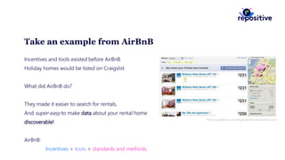 Take an example from AirBnB
Incentives and tools existed before AirBnB
Holiday homes would be listed on Craigslist
What did AirBnB do?
They made it easier to search for rentals,
And super-easy to make data about your rental home
discoverable!
AirBnB:
Incentives > tools > standards and methods
http://ui-patterns.com/explore/domain/airbnb+com
 