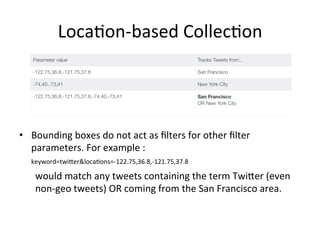 Loca2on-based	Collec2on	
•  Bounding	boxes	do	not	act	as	ﬁlters	for	other	ﬁlter	
parameters.	For	example	:	
keyword=twi:er&loca2ons=-122.75,36.8,-121.75,37.8	
	would	match	any	tweets	containing	the	term	Twi:er	(even	
	non-geo	tweets)	OR	coming	from	the	San	Francisco	area.	
 