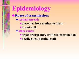 Epidemiology Route of transmission: vertical spread: placenta: from mother to infant  breast milk other route: organ transplants, artificial insemination needle-stick, hospital staff 