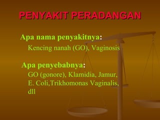 PENYAKIT PERADANGAN Apa nama penyakitnya : Kencing nanah (GO), Vaginosis Apa penyebabnya : GO (gonore), Klamidia, Jamur, E. Coli,Trikhomonas Vaginalis, dll 