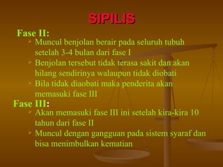 SIPILIS Fase II: Muncul benjolan berair pada seluruh tubuh setelah 3-4 bulan dari fase I Benjolan tersebut tidak terasa sakit dan akan hilang sendirinya walaupun tidak diobati Bila tidak diaobati maka penderita akan memasuki fase III Fase III : Akan memasuki fase III ini setelah kira-kira 10 tahun dari fase II Muncul dengan gangguan pada sistem syaraf dan bisa menimbulkan kematian 