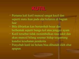 KUTIL   Pertama kali kutil muncul sangat kecil dan seperti mata ikan pada alat kelamin di bagian luar Bila dibiarkan kan bertambah besar dan berbentuk seperti bunga kol atau jengger ayam Kutil tersebut tidak menimbulkan rasa sakit dan akan muncul hilang seumur hidup tergantung kondisi kesehatan penderita Penyebab kutil ini belum bisa dibunuh oleh obat apapun 