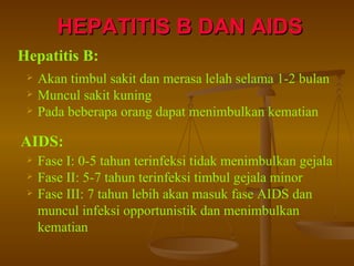 HEPATITIS B DAN AIDS Hepatitis B: Akan timbul sakit dan merasa lelah selama 1-2 bulan Muncul sakit kuning Pada beberapa orang dapat menimbulkan kematian AIDS: Fase I: 0-5 tahun terinfeksi tidak menimbulkan gejala Fase II: 5-7 tahun terinfeksi timbul gejala minor Fase III: 7 tahun lebih akan masuk fase AIDS dan muncul infeksi opportunistik dan menimbulkan kematian 