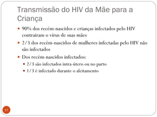 Transmissão do HIV da Mãe para a Criança 90% dos recém-nascidos e crianças infectados pelo HIV contrairam o vírus de suas mães 2/3 dos recém-nascidos de mulheres infectadas pelo HIV não são infectados Dos recém-nascidos infectados: 2/3 são infectados intra-útero ou no parto 1/3 é infectado durante o aleitamento 