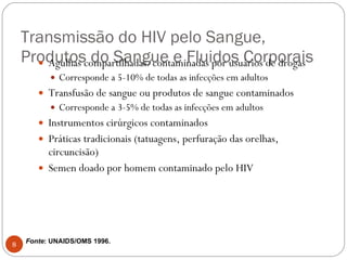Transmissão do HIV pelo Sangue, Produtos do Sangue e Fluidos Corporais Agulhas compartilhadas/contaminadas por usuários de drogas Corresponde a 5-10% de todas as infecções em adultos Transfusão de sangue ou produtos de sangue contaminados Corresponde a 3-5% de todas as infecções em adultos Instrumentos cirúrgicos contaminados Práticas tradicionais (tatuagens, perfuração das orelhas, circuncisão) Semen doado por homem contaminado pelo HIV Fonte : UNAIDS/OMS 1996. 