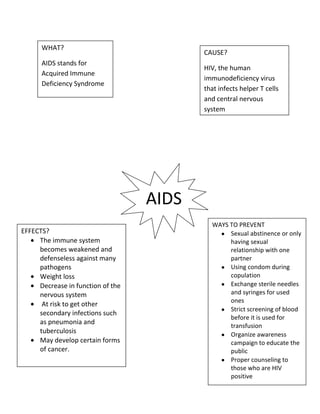 WHAT?
                                          CAUSE?
      AIDS stands for
                                          HIV, the human
      Acquired Immune
                                          immunodeficiency virus
      Deficiency Syndrome
                                          that infects helper T cells
                                          and central nervous
                                          system




                                   AIDS
                                            WAYS TO PREVENT
EFFECTS?                                         Sexual abstinence or only
     The immune system                           having sexual
     becomes weakened and                        relationship with one
     defenseless against many                    partner
     pathogens                                   Using condom during
     Weight loss                                 copulation
     Decrease in function of the                 Exchange sterile needles
     nervous system                              and syringes for used
                                                 ones
      At risk to get other
                                                 Strict screening of blood
     secondary infections such
                                                 before it is used for
     as pneumonia and
                                                 transfusion
     tuberculosis                                Organize awareness
     May develop certain forms                   campaign to educate the
     of cancer.                                  public
                                                 Proper counseling to
                                                 those who are HIV
                                                 positive
 