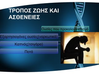 ΤΡΟΠΟΣ ΖΩΗΣ ΚΑΙ
ΑΣΘΕΝΕΙΕΣ
Ουσίες που προκαλούν εθισμό
Εξαρτησιογόνες ουσίες(ναρκωτικά)
Καπνός(τσιγάρα)
Ποτά
 