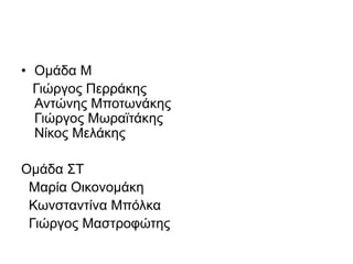 • Ομάδα Μ
Γιώργος Περράκης
Αντώνης Μποτωνάκης
Γιώργος Μωραϊτάκης
Νίκος Μελάκης
Ομάδα ΣΤ
Μαρία Οικονομάκη
Κωνσταντίνα Μπόλκα
Γιώργος Μαστροφώτης
 