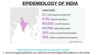 EPIDEMIOLOGY OF INDIA
https://www.avert.org/global-hiv-and-aids-statistics
• Due to its large population size, India has the third largest HIV epidemic in the world.
 