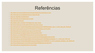 Referências
◦ http://saberviver.org.br/publicacoes/novas-tecnologias-de-prevencao-e-o-sus/
◦ http://www.aids.gov.br/pagina/sintomas-e-fases-da-aids
◦ https://en.wikipedia.org/wiki/Patient
◦ http://www.aids.gov.br/pagina/aids-no-brasil
◦ http://www.who.int/hiv/en/
◦ http://galileu.globo.com/edic/118/imagens/rep_aids_02.jpg
◦ http://www.brasil.gov.br/cultura/2015/07/25-anos-sem-cazuza
◦ http://www.aids.gov.br/sites/default/files/anexos/publicacao/2015/58534/boletim_aids_11_2015_web_pdf_19105.pdf
◦ http://www.saude.goiania.go.gov.br/html/noticia/12/11/Portador-de-HIV.shtml
◦ http://www.aids.gov.br/pagina/quais-sao-os-antirretrovirais
◦ http://www.aids.gov.br/pagina/medicamentos-antirretrovirais
◦ http://saude.ccm.net/faq/5820-fatores-de-risco-de-transmissao-do-hiv
◦ http://www.sautil.com.br/fatores-de-risco-e-prevencao/hereditariedade/conteudo/aids
◦ http://www.aids.gov.br/sites/default/files/anexos/publicacao/2013/55308/protocolofinal_31_7_2015_pdf_31327.pdf
◦ http://www.aids.gov.br/sites/default/files/anexos/publicacao/2014/55939/09_12_2015_protocolo_pediatrico_pdf_25392.pdf
◦ http://www.portaleducacao.com.br/farmacia/artigos/7829/terapia-anti-retroviral
◦ http://www.aids.gov.br/pagina/onde-e-como-pegar
 