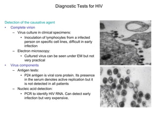 Diagnostic Tests for HIV
Detection of the causative agent
• Complete virion
– Virus culture in clinical specimens:
• Inoculation of lymphocytes from a infected
person on specific cell lines, difficult in early
infection
– Electron microscopy:
• Cultured virus can be seen under EM but not
very practical
• Virus components
– Antigen tests:
• P24 antigen is viral core protein. Its presence
in the serum denotes active replication but it
is not detected in all patients
– Nucleic acid detection:
• PCR to identify HIV RNA. Can detect early
infection but very expensive.
 